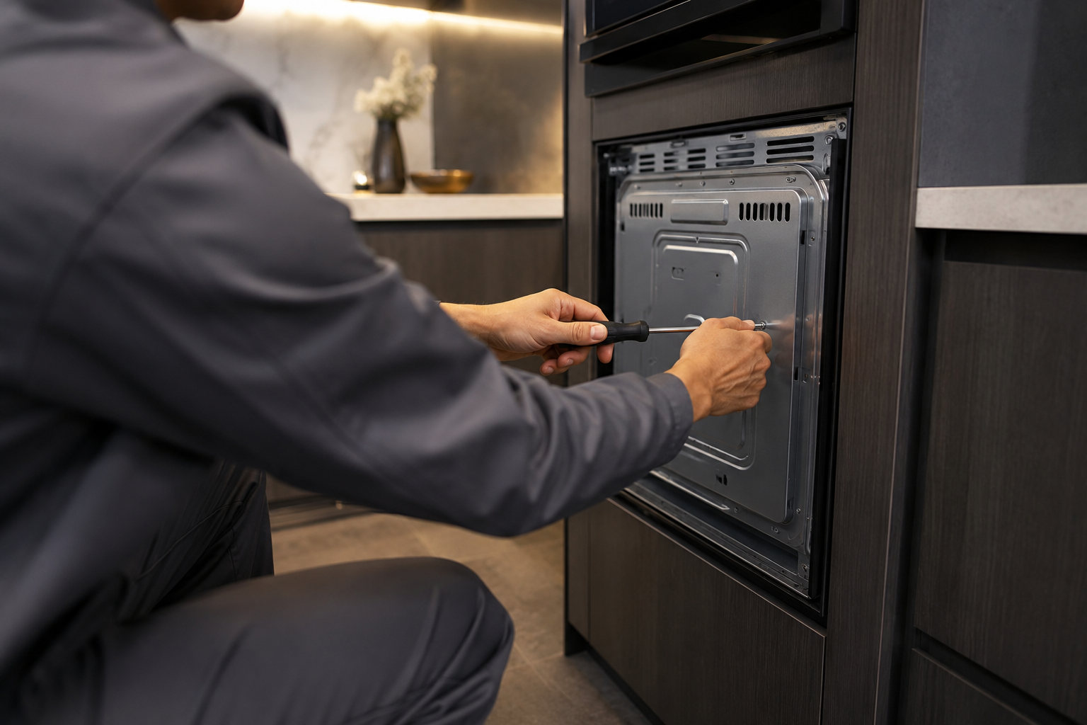 Técnico realizando manutenção em forno embutido premium